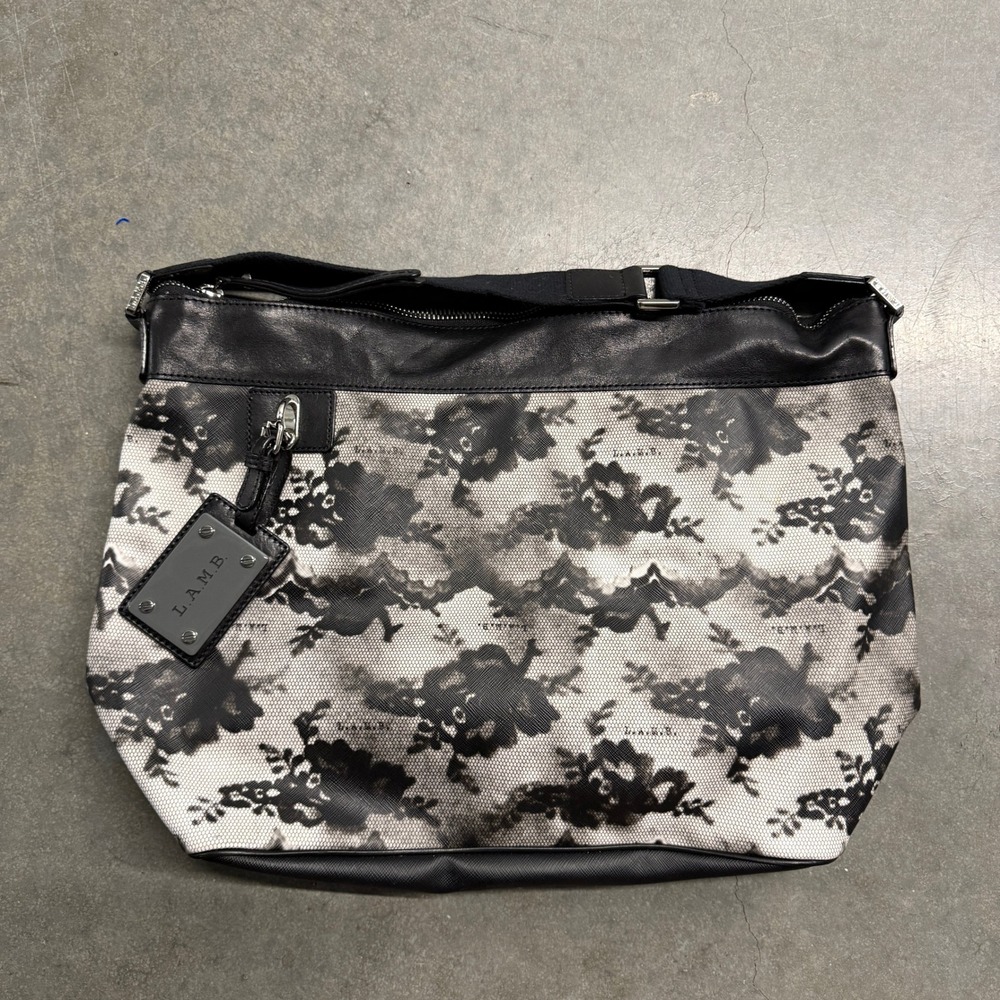 L.A.M.B. Gwen Stefani Floral Lace Print Leather Trim Shoulder Bag Black White